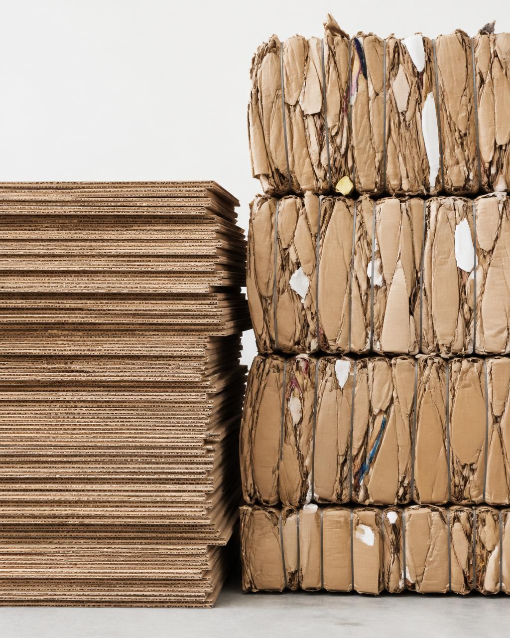 Láminas y pacas de cartón reciclado listas para producción