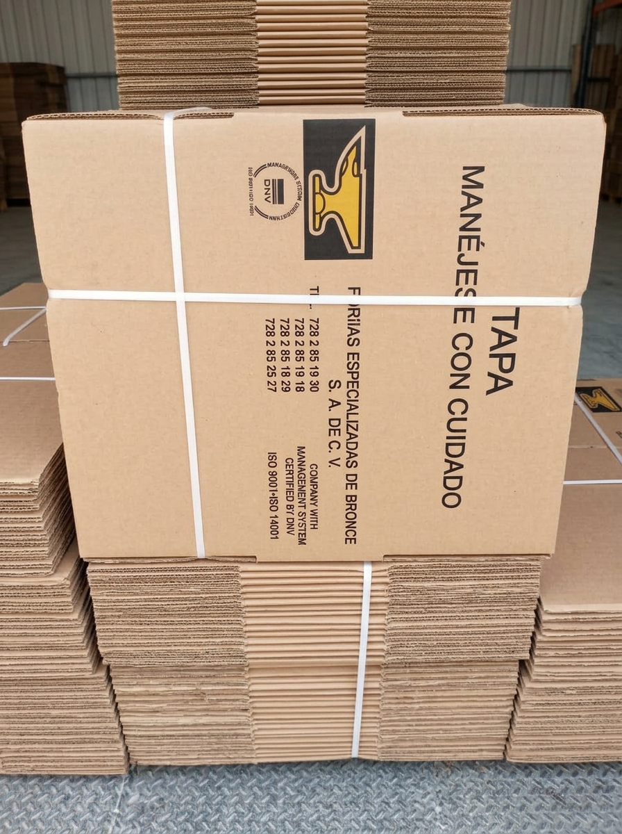 Cajas kraft FEBSA impresas con la leyenda Manéjese con cuidado