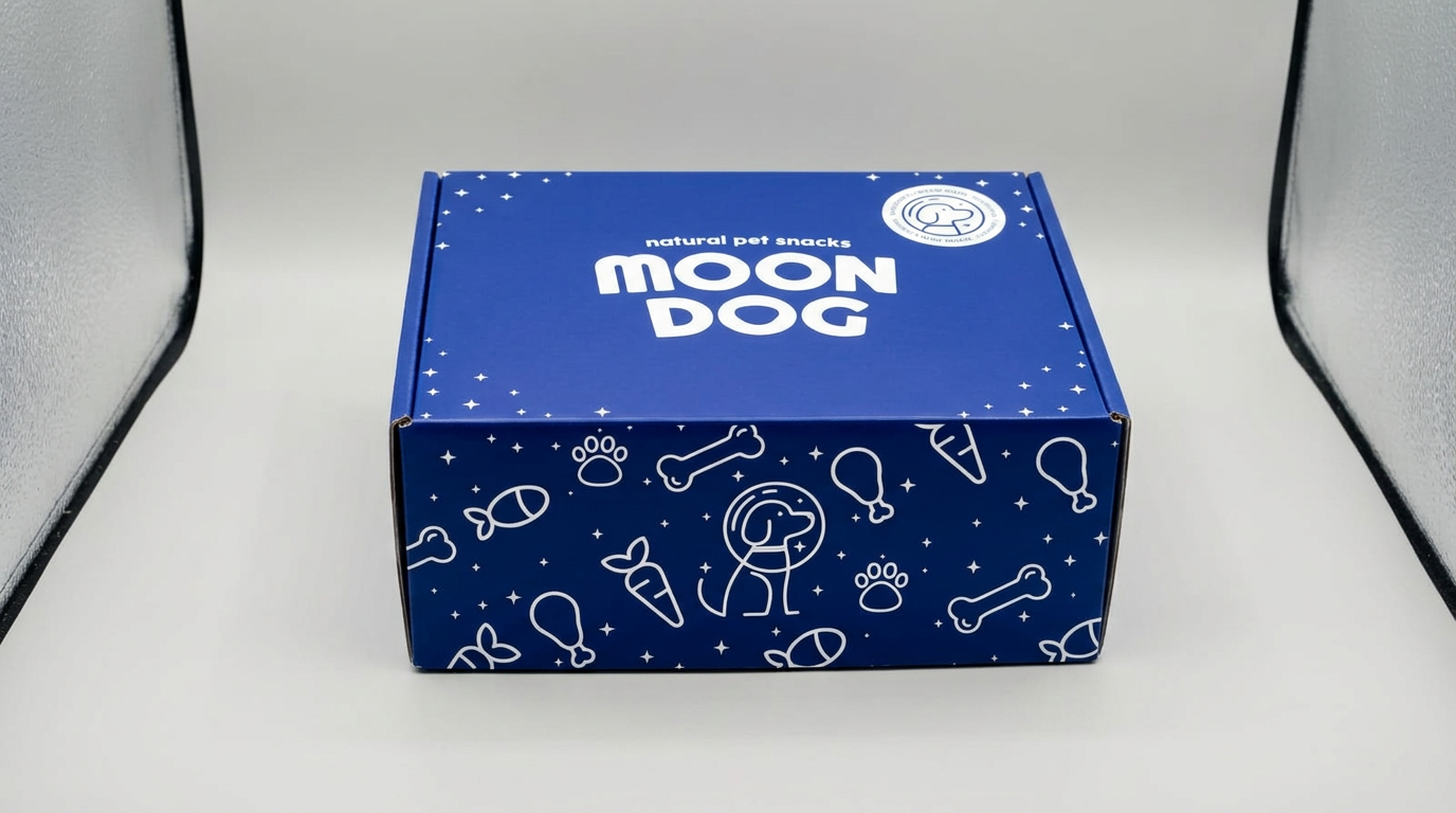 Caja Moon Dog impresa en azul PANTONE 7687