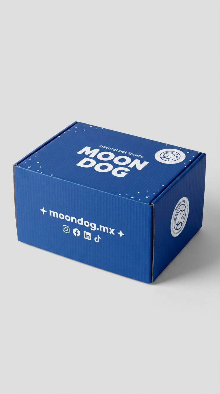 Caja Moon Dog con impresión moondog.mx en las caras laterales