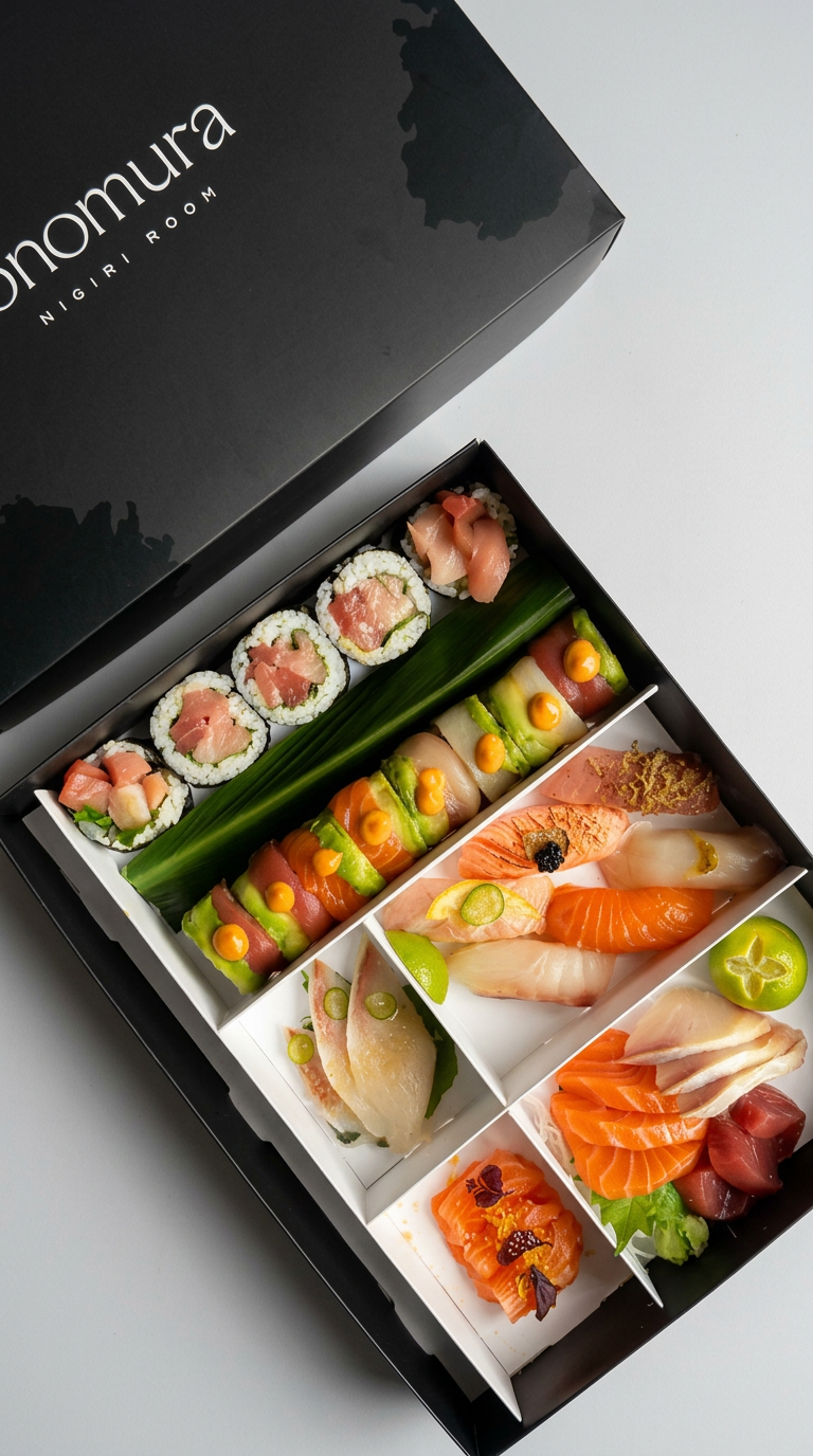 Caja Onomura Nigiri Room abierta con insertos y sushi